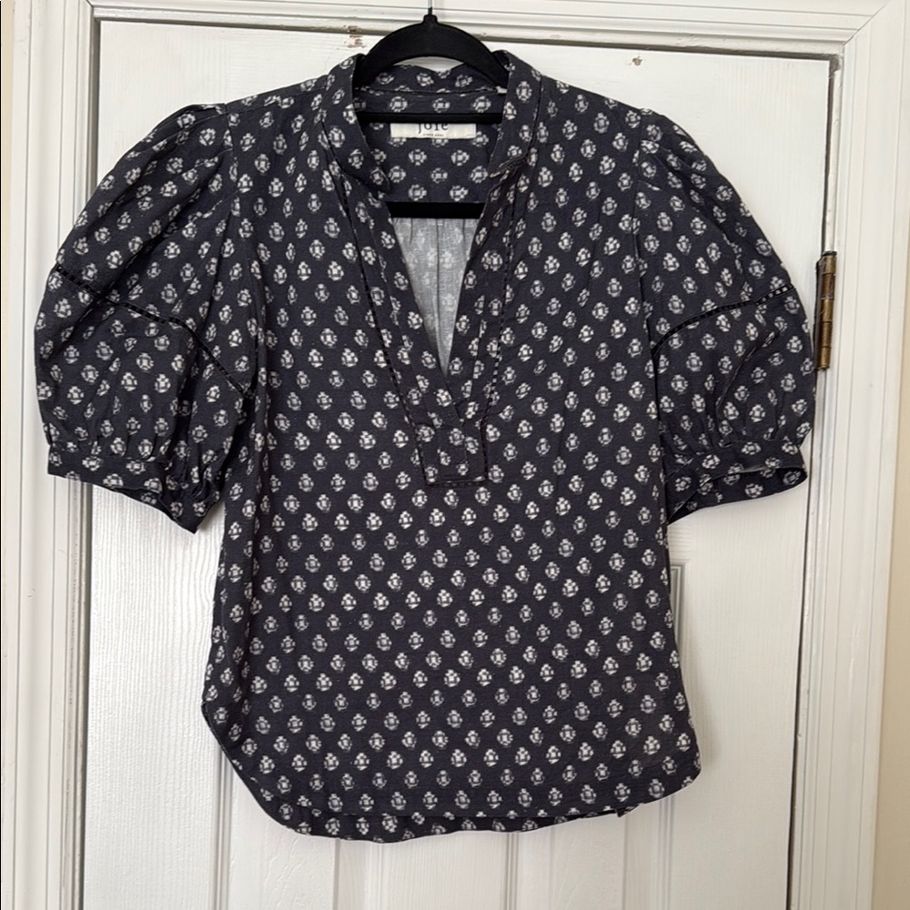 Joie Blue Puff Sleeve Mandarin Collar Blouse